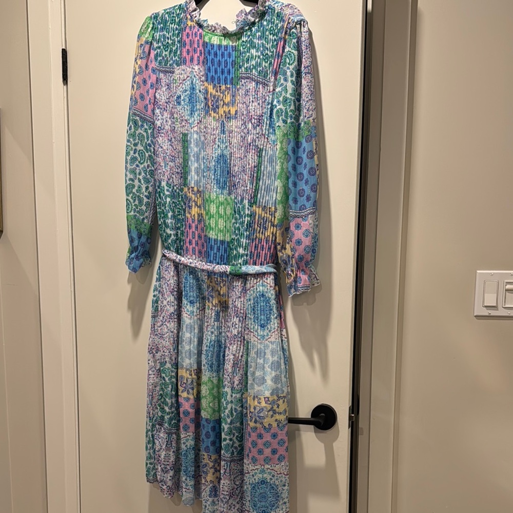 Blue and Green Pleated Long Sleeve Sundress